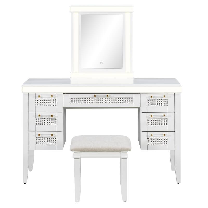 LED Dressing Table & Upholstered Stool Set of 2, 48" Makeup Vanity Desk with Mirror and Lights