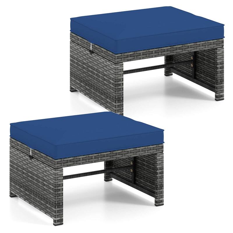 Set of 2 Rattan Footstools Wicker Outdoor Ottoman w/Removable Cushions - Navy