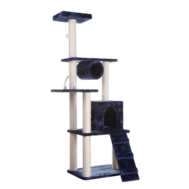 71" Navy Real Wood Cat Climbing Tower, Cat Scratching Furniture