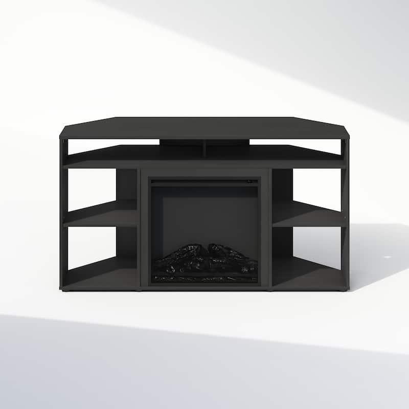 Furinno Jensen No Heat Decorative Electric Fireplace Corner TV Stand for TV up to 55 Inch with 6 Open Compartments - Americano