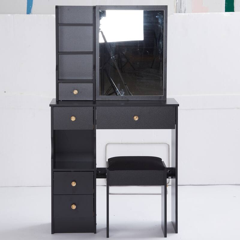 29.2" Small Space Left Drawer Desktop Vanity Table + Cushioned Stool, Extra Large Right sliding mirror