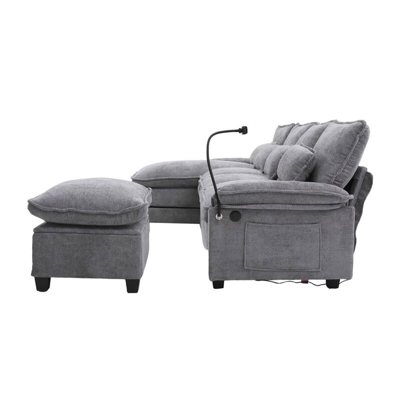 Chenille U-shape Sectional Sofa with Chaise and Storage Ottoman, Modular Couch with USB/Type-C Ports, Side Pockets, Phone Holder