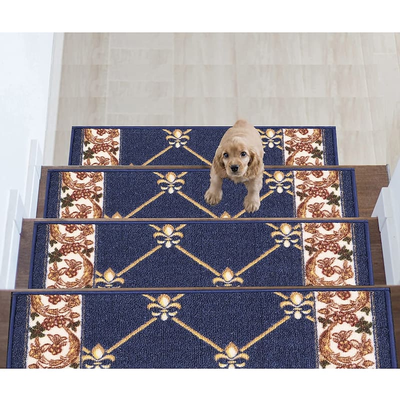 Stair Treads Fleur De Lis Floral Design Non Slip Backing, 8.5''X26'' - 1 Piece - Navy