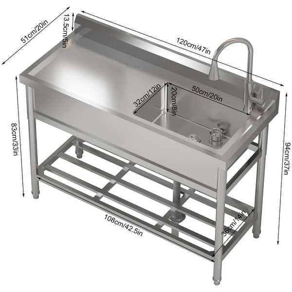 Stainless Steel Single Utility Sink, with Cold Hot Water Pipe Faucet