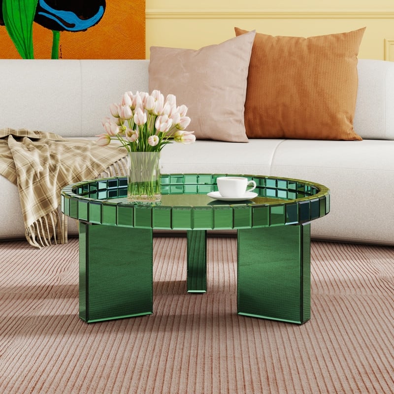 Round Glass Tray Top Coffee Table - Green