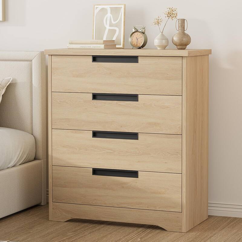 4 Drawer Dresser for Bedroom, Black Chest of Drawers with Embedded Handles Design, Wooden Dresser Organizer for Living Room - Natural