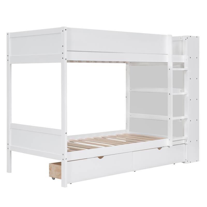 Twin over Twin Bunk Bed with 2 Drawers and Multi-layer Cabinet, White