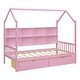 preview thumbnail 14 of 30, Twin Size House Bed with 2 Drawers & Storage Shelf, Wooden Low Platform Bedframe Daybed with Roof for Kids, Teens, Girls, Boys