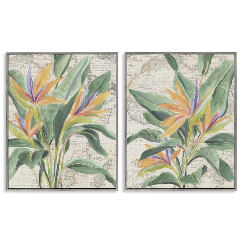Stupell Flowers over Vintage Map Framed Giclee Art Design By June Erica Vess (Set of 2) - 11 x 14 - Grey