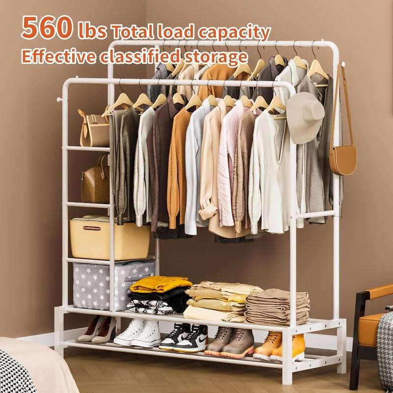 Clothes Hanging Rack with 2 Tier Storage Shelves - 13"D x 49"W x 64.76"H