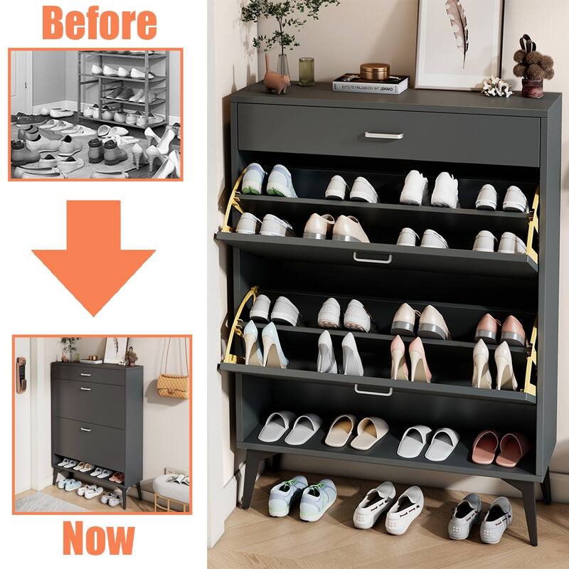 3-Drawer Wood Shoe Storage Cabinet with Removable Panels & 1 Open Shelf