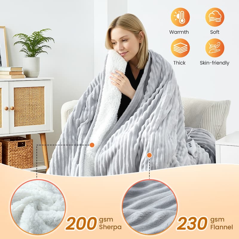 Reversible Flannel & Sherpa Electric Blanket, Heated Throw with Temperature and Timing Functions of a Controller