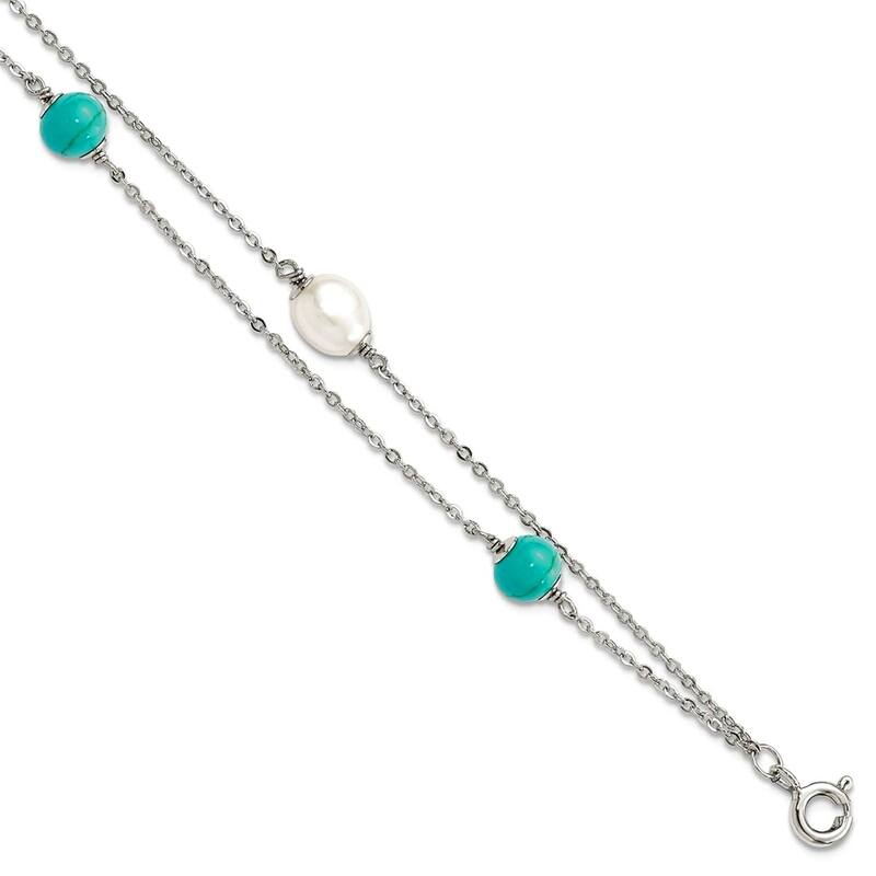 Curata 925 Sterling Silver 7" Cultured Pearl and Turquoise Beads Double Strand Bracelet