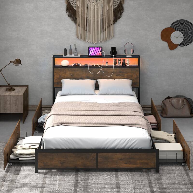 Gymax Full/Queen Industrial Platform Bed Frame with Storage Drawers &