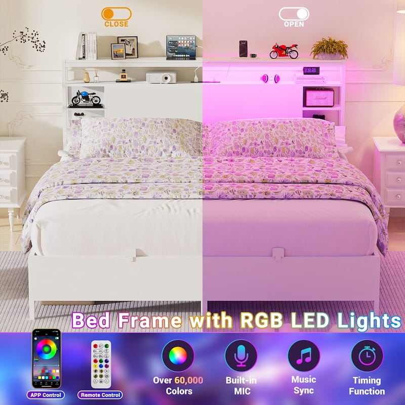 Bed Frame with Charging Station and RGB LED Lights, Sturdy Platform Bed with Storage Headboard,