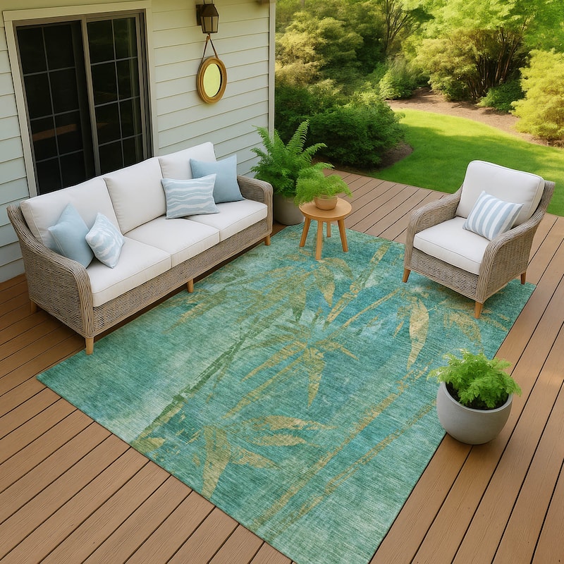 Machine Washable Indoor/ Outdoor Modern Floral Chantille Rug - Teal - 5' x 7'6"
