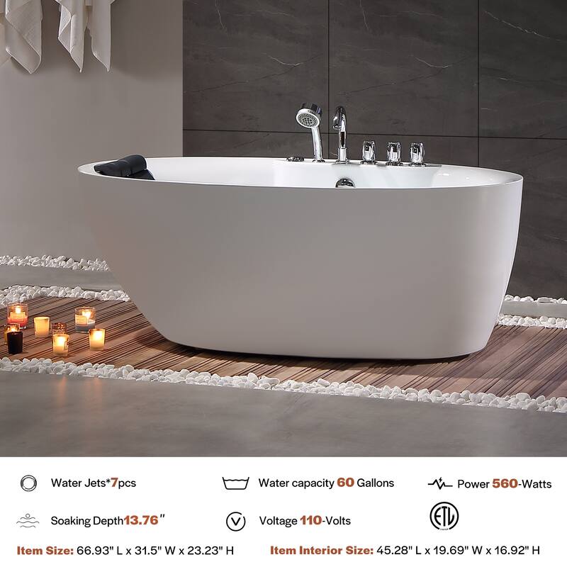 67 in. x 31.5 in. Center Drain Freestanding Whirlpool Bathtub Hydrotherapy Jetted Soaking Bath Tub - Tub filler in White