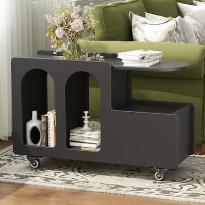 Roomfitters Modern Mobile End Table with Storage, Cream Style Side Table with Wheels and Multi-Layer Design for Living Room