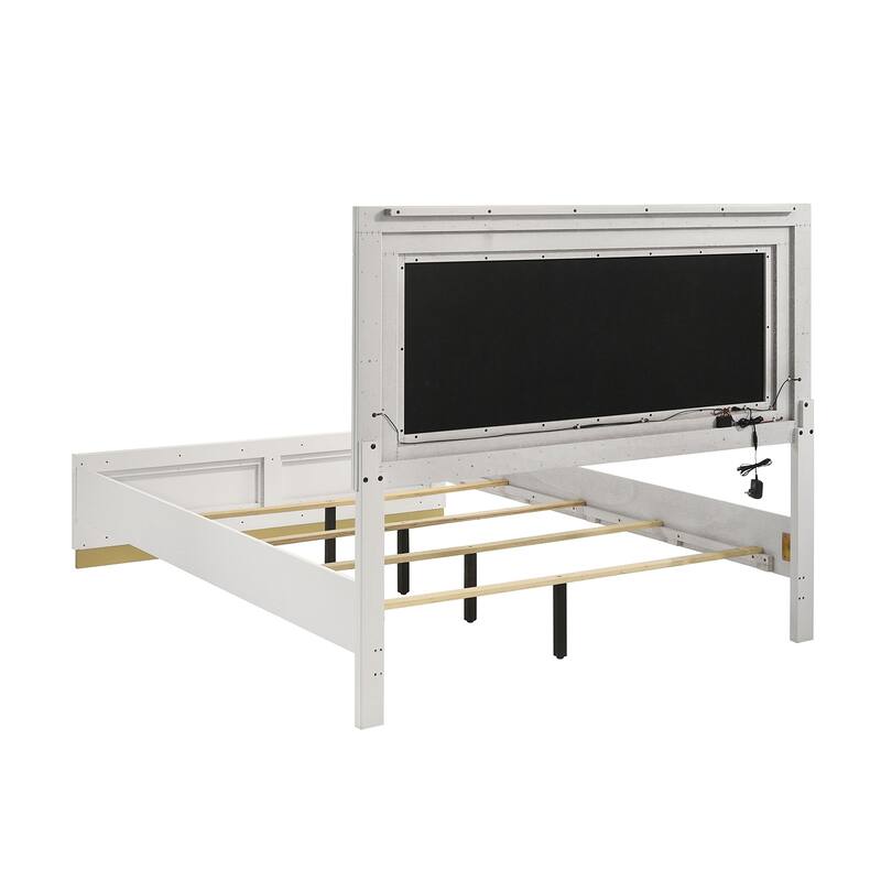 Upholstered Panel Bed with LED Lighting in White
