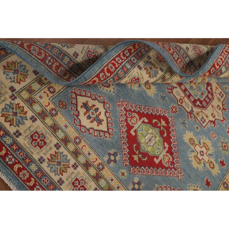 Blue Geometric Kazak Area Rug Handmade Wool Carpet - 5'0" x 6'6"