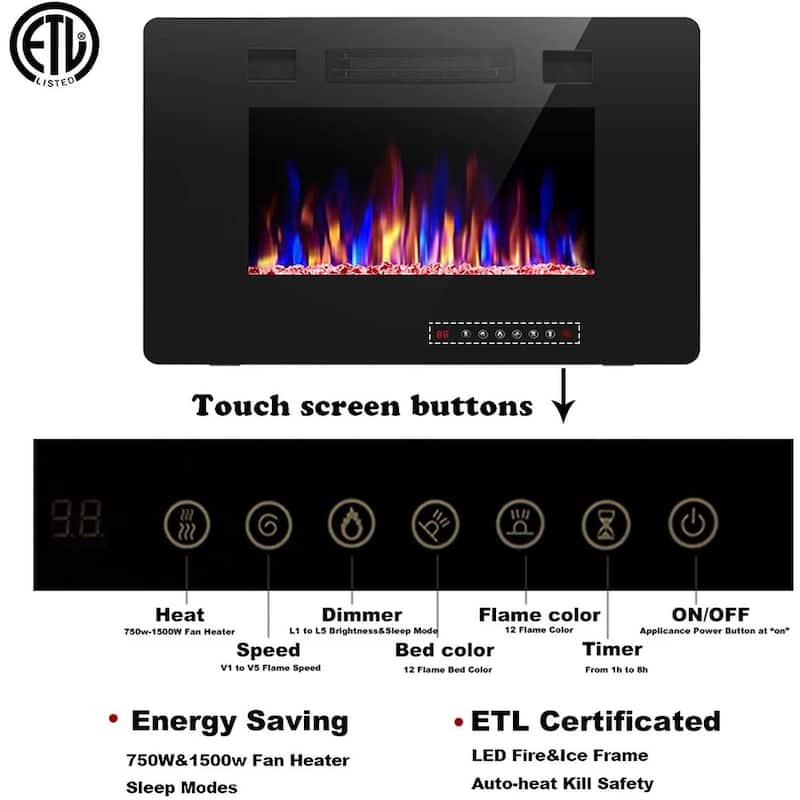 30-60" Recessed Wall Mounted Electric Fireplace, 750-1500W,Touch screen and Remote Control