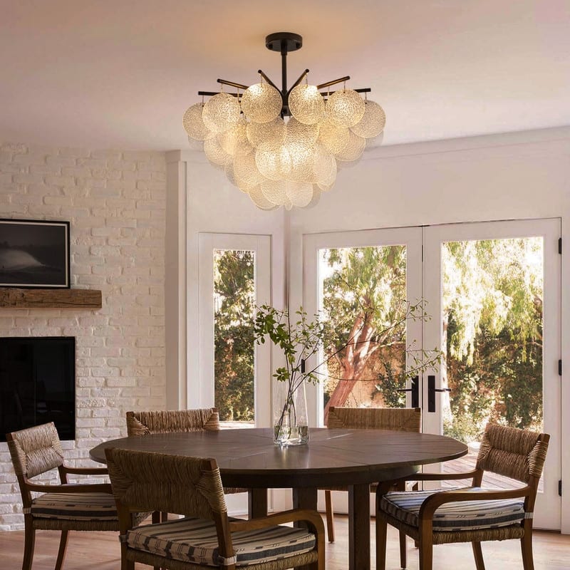 23.6" Modern 4-Tier Farmhouse Glass Chandelier, 9-Light Seeded Glass Dining Room Pendant Light - N/A
