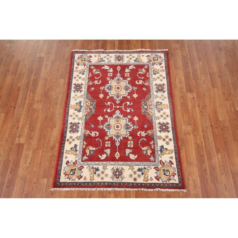 Red Geometric Kazak Foyer Rug Hand-Knotted Traditional Wool Carpet - 3'4" x 4'8"