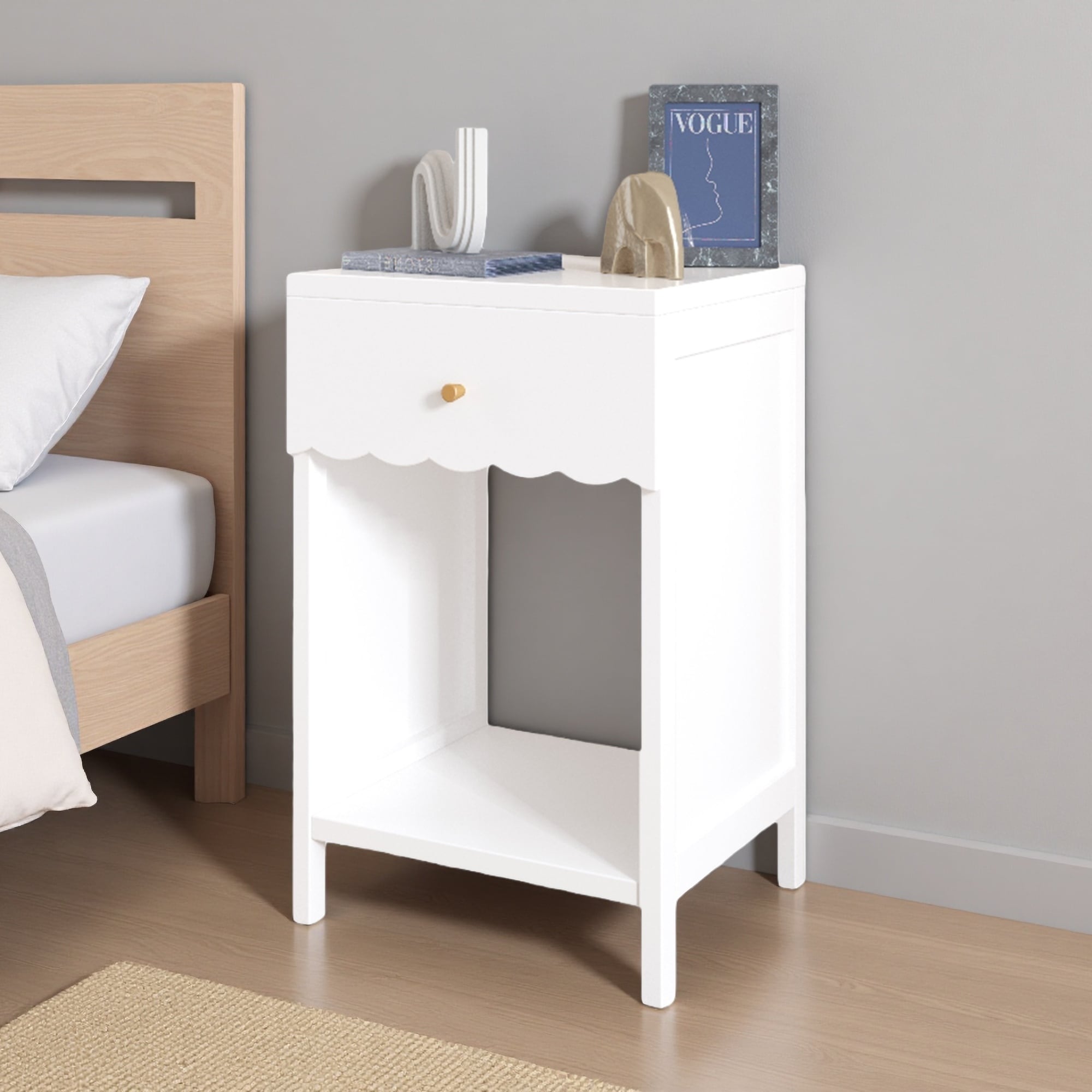 16.93"L Engineered Wood Nightstand with Drawer & Open Shelf, Scalloped-Edge Modern Bedside Table for Kids' or Girls' Room