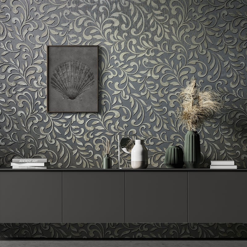 Galerie Wallcoverings Leafy Scroll Damask Vinyl on Non-woven Metallic Wallpaper Roll