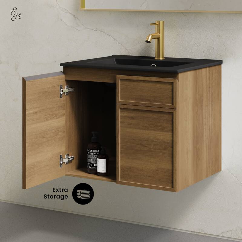 St. Tropez 24" Wall-Mounted Bathroom Vanity In Brown Oak With Black Sink Top - 24