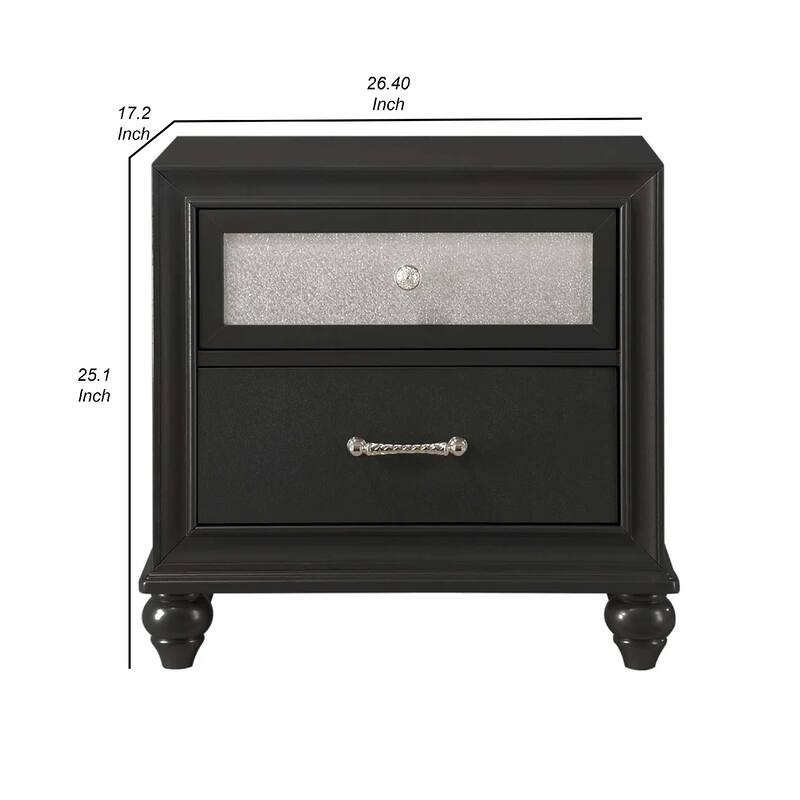 Lexi Nightstand, 2 Drawers, Silver Handles and Knobs, Black Veneer