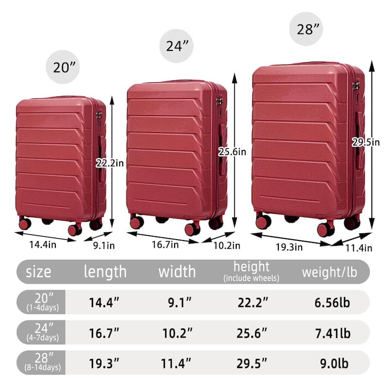 20IN 24IN 28IN 3 pcs/set in ABS Spinner Wheel Luggage, Matching Color, With Combination Lock