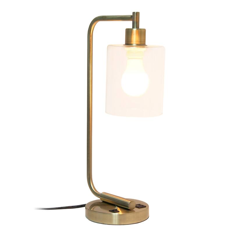 Simple Designs 18.8" Iron Lantern Desk Table Lamp with USB Port, Antique Brass, With LED Bulb