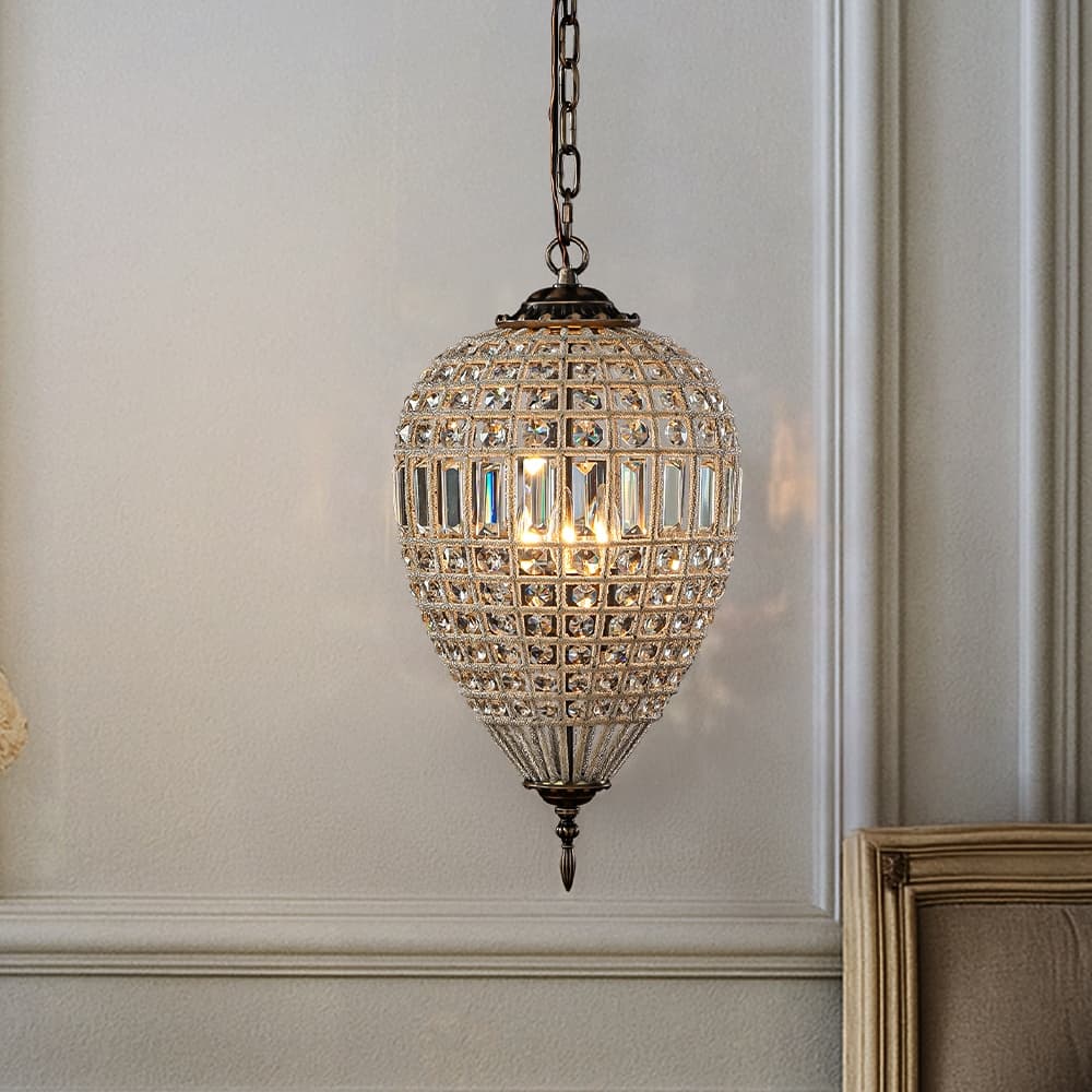 1-Light French Empire Handcrafted Crystal Chandelier Antique Bronze Finish Dimmable Vintage Pendant Light for Dining Room Foyer