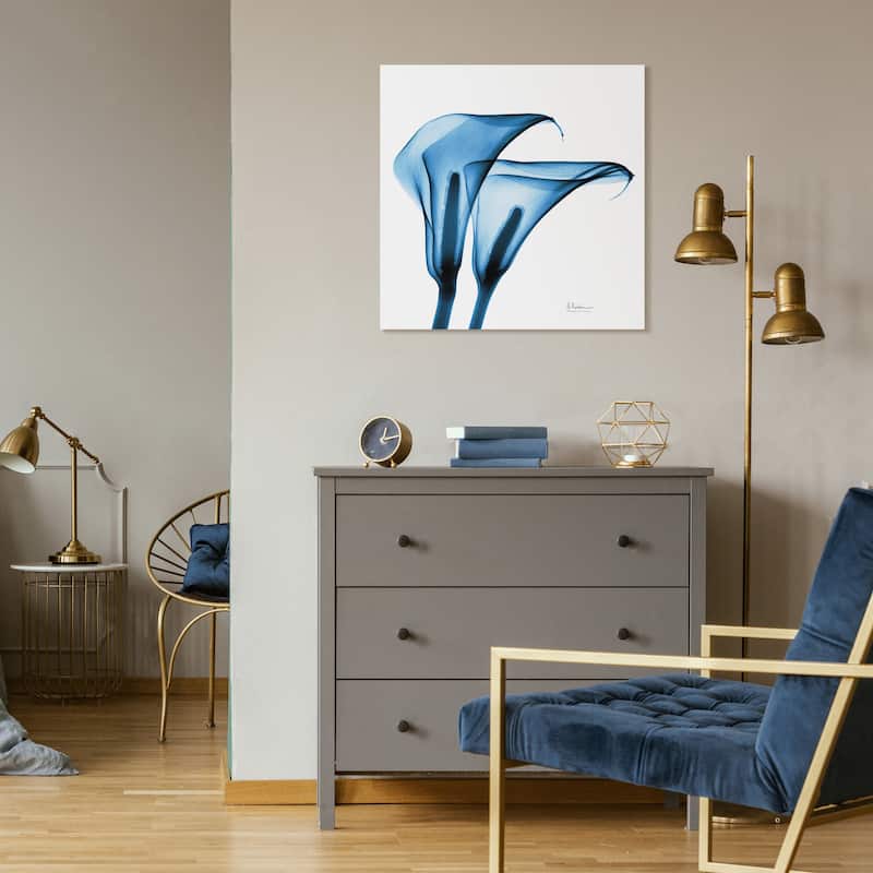 "Indigo Calla Lililes " Frameless Free Floating Tempered Glass Panel Graphic Wall Art