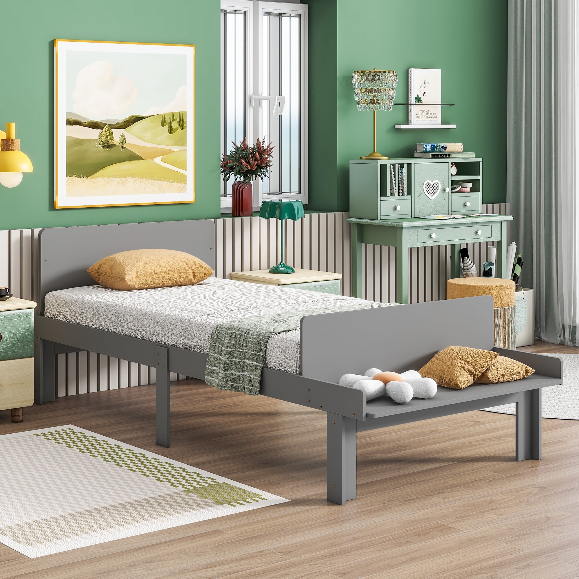Twin size Bed, with Equipped Bench at the End of the Bed, Grey - Bed Bath \u0026  Beyond - 40278562, image size:2000x2000