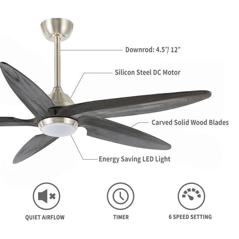 GetLedel 54" Solid Wood 5-Blade Ceiling Fan with Dimmable LED and Remote Control