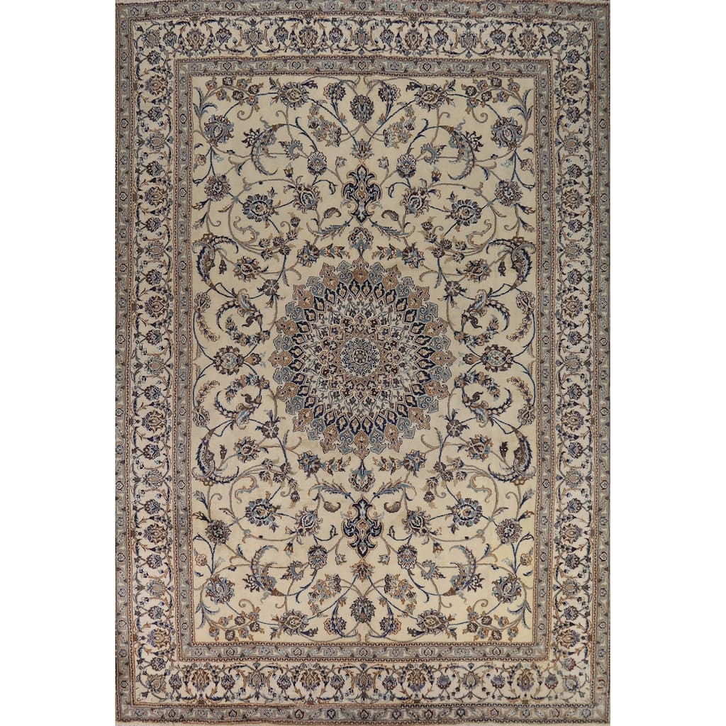 Floral Medallion Nain Persian Vintage Rug Hand-Knotted Wool Carpet - 9'7" x 13'2"