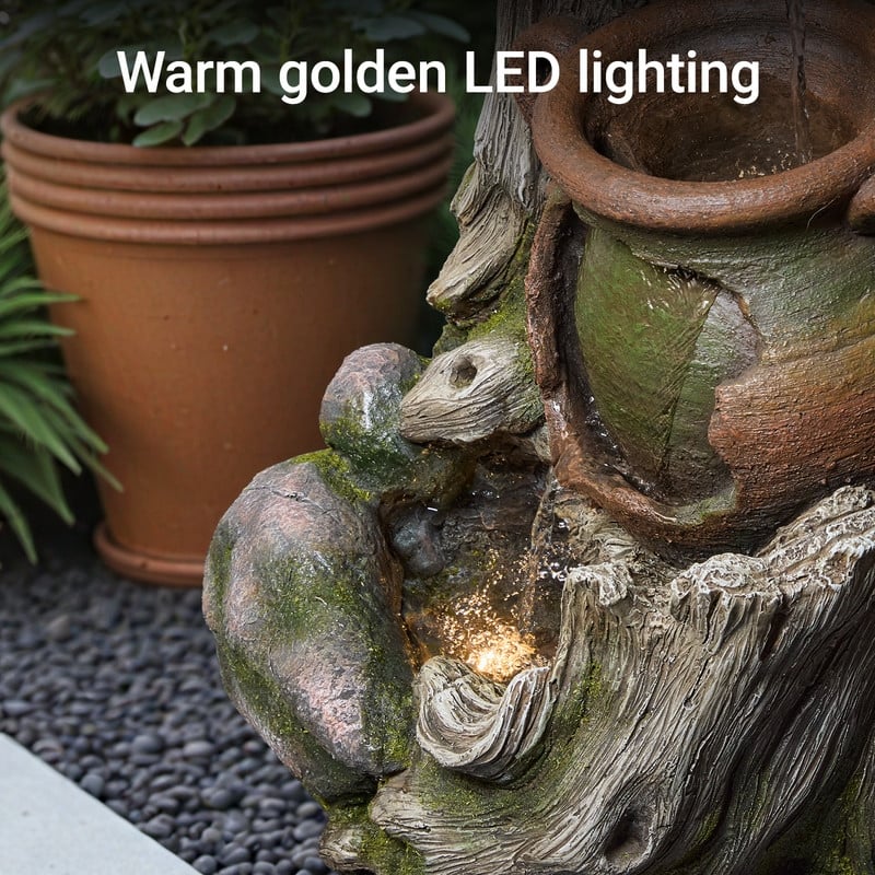 Vbal Outdoor Fountain with LED Lights Faux Wood Tree Trunk Design