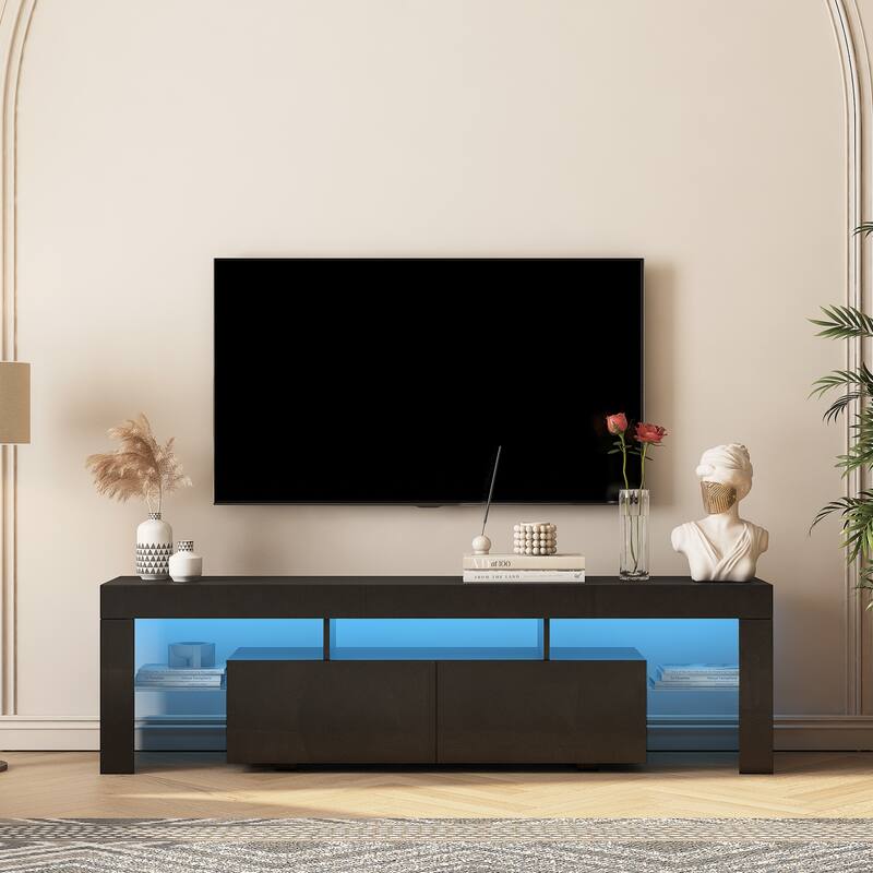 Black 63" TV Stand with LED Light, Open and Hidden Storage Spaces for TVs Up to 65"
