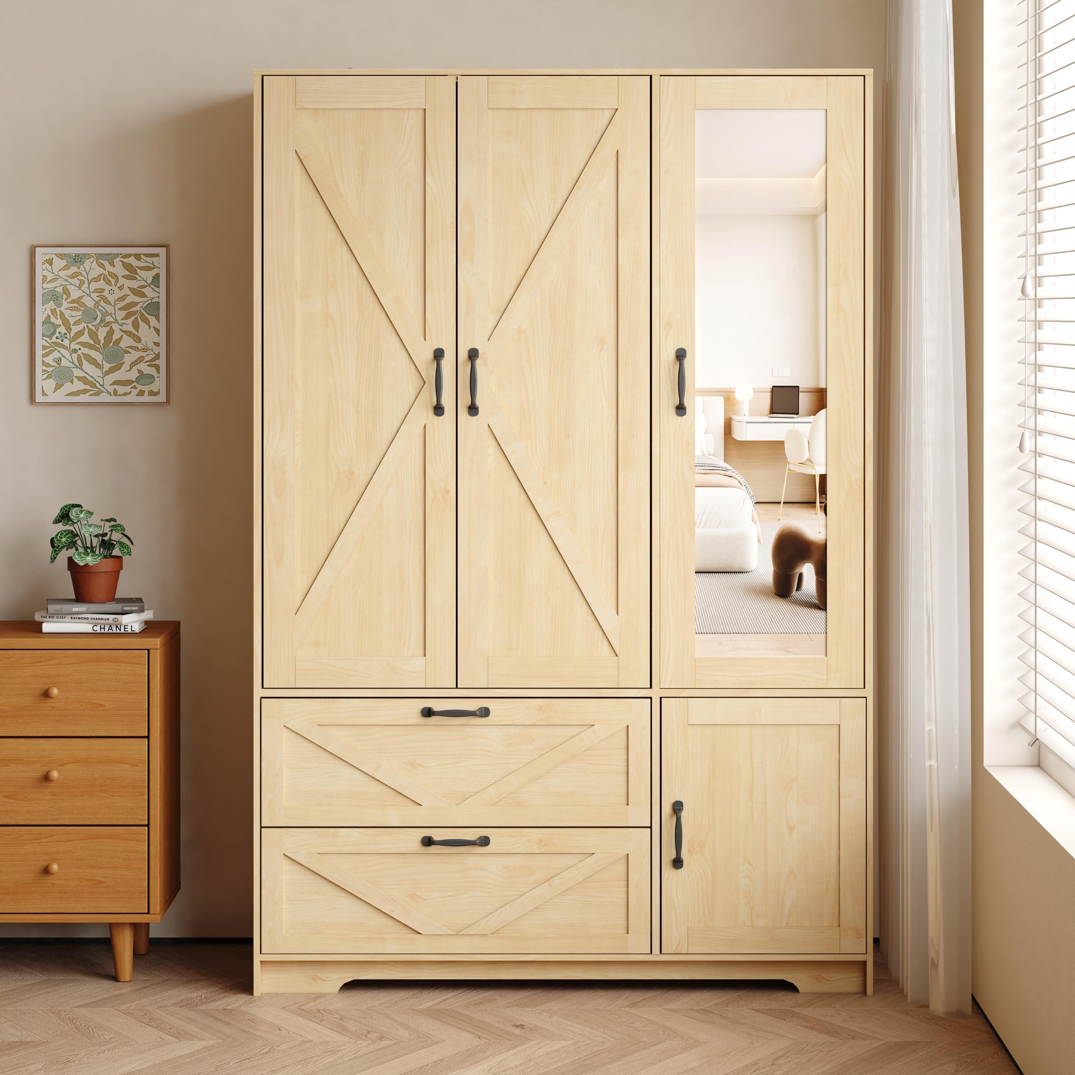 4-Door Wardrobe Closet with Mirror & LED Light, Wooden Storage Cabinet with Hanging Rod & Adjustable Shelves