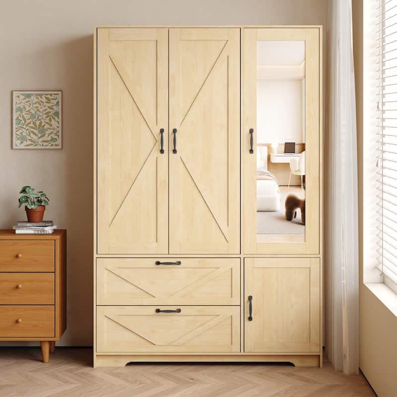LED Wardrobe Cabinet Bedroom Tall Armoire with Mirror, Folding and Hanging Areas
