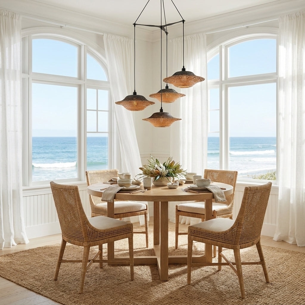 Cascade 4-Light Cluster Pendant Light Natural Rattan Shade Coastal Chic Chandelier in Matte Black - 35 Wide