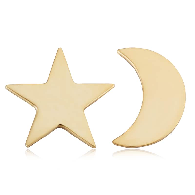14k Yellow Gold Moon and Star Mismatched Stud Earrings