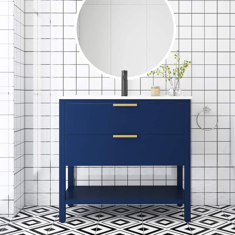 Plywood Freestanding Bathroom Vanity Set with Integrated Sink - Navy Blue