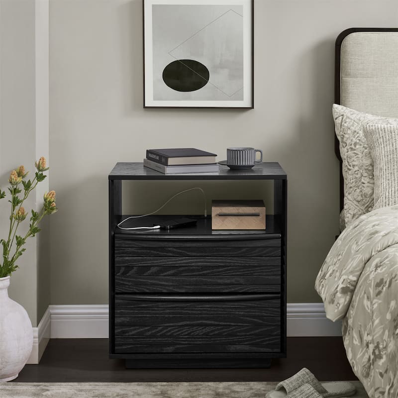 Nightstand with Charging Station and Outlet Hole and 2 Solid Wood Drawers
