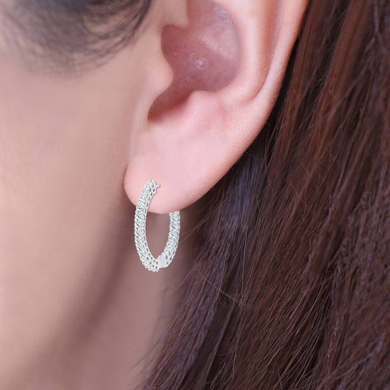 Marquee Certified 3 Carat TW Round Diamond Hoop Earrings with Push Down Button Lock in 14K White Gold