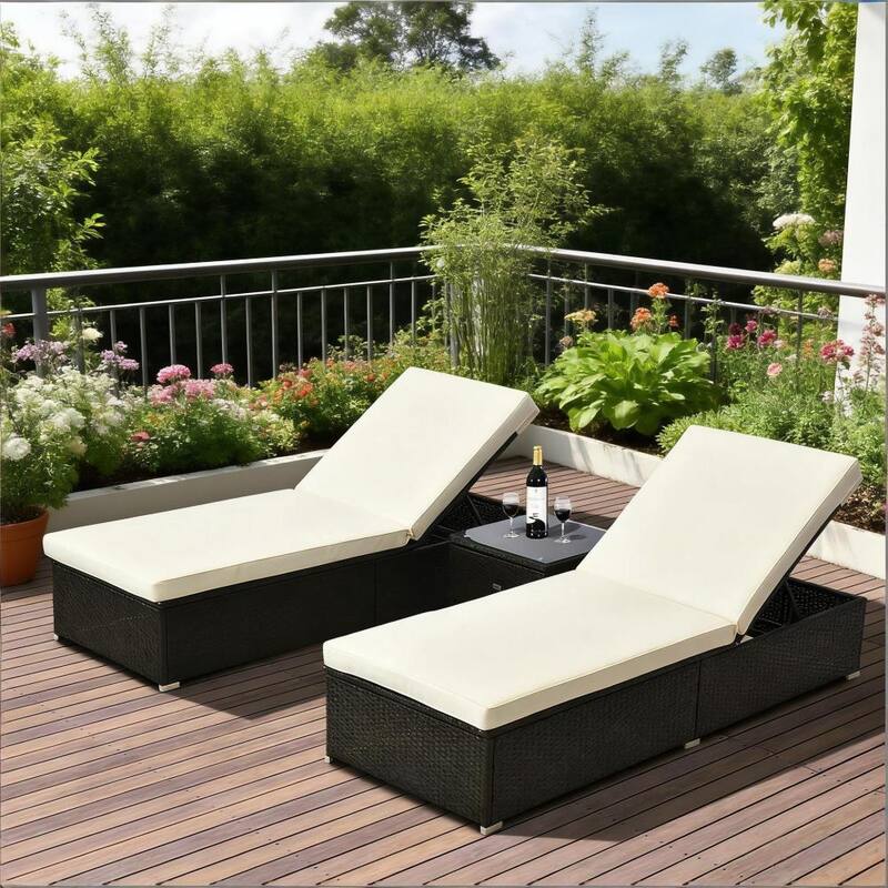 GDFStudio - Outdoor 3-Piece Pool Furniture Set with Reclining Loungers and Table - Cream+Dark Brown