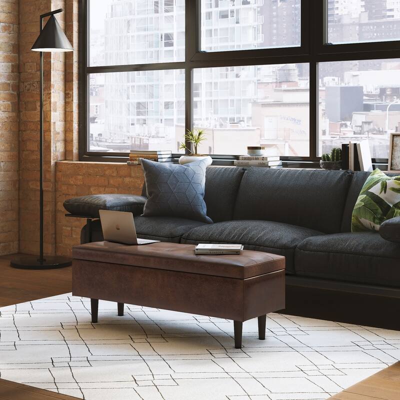 WYNDENHALL Blanchette 48 inch Wide Mid Century Modern Rectangle Storage Ottoman - Distressed Chestnut Brown