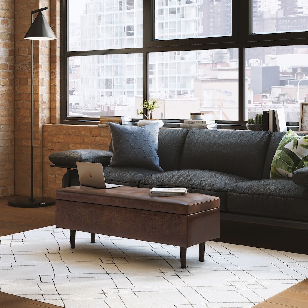 WYNDENHALL Blanchette 48 inch Wide Mid Century Modern Rectangle Storage Ottoman